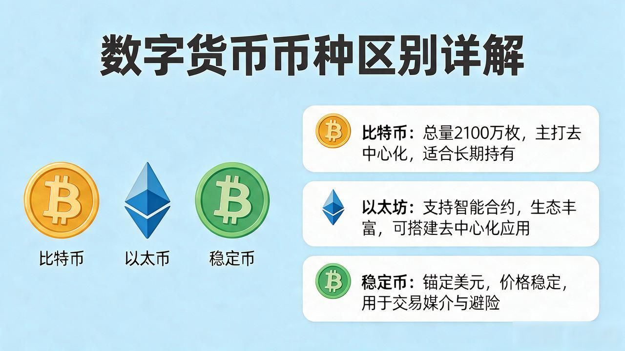 数字货币币种区别详解：比特币以太坊稳定币各有什么不同